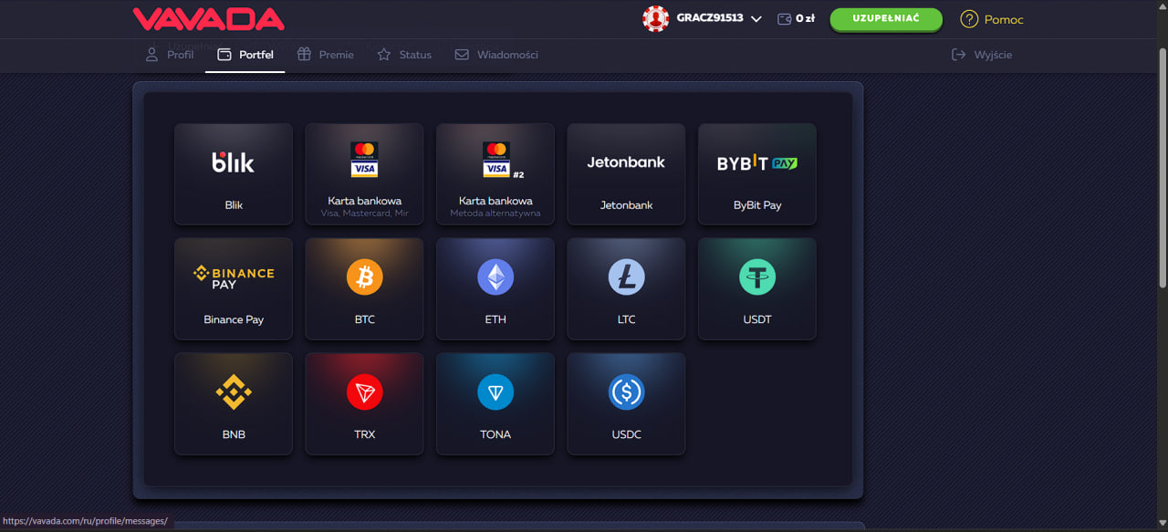 Wybór metody BLIK w Vavada